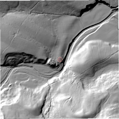 Shaded relief map of the ground around NE481LH, computed from Environment Agency LiDAR. The ground here sits at about 135 m above sea level and falls 64 m across the surrounding 800 m. Surface water reaching this point runs off ground lying to the west-south-west, 8.2 m higher.