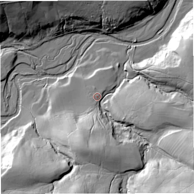 Shaded relief map of the ground around NE481LJ, computed from Environment Agency LiDAR. The ground here sits at about 157 m above sea level and falls 58 m across the surrounding 800 m. Surface water reaching this point runs off ground lying to the south-east, 47.5 m higher.