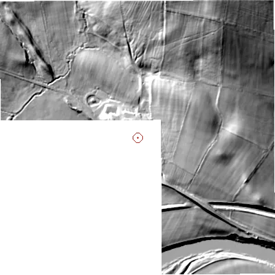 Shaded relief map of the ground around NE481PE, computed from Environment Agency LiDAR. and falls 64 m across the surrounding 800 m.