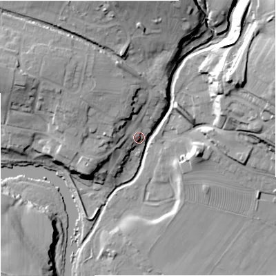 Shaded relief map of the ground around NE482AE, computed from Environment Agency LiDAR. The ground here sits at about 116 m above sea level and falls 37 m across the surrounding 800 m. Surface water reaching this point runs off ground lying to the west-north-west, 13.8 m higher.