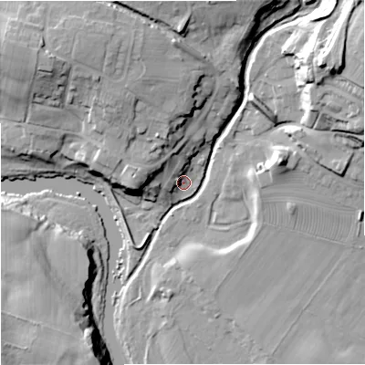 Shaded relief map of the ground around NE482AG, computed from Environment Agency LiDAR. The ground here sits at about 111 m above sea level and falls 33 m across the surrounding 800 m. Surface water reaching this point runs off ground lying to the north-west, 8.9 m higher.