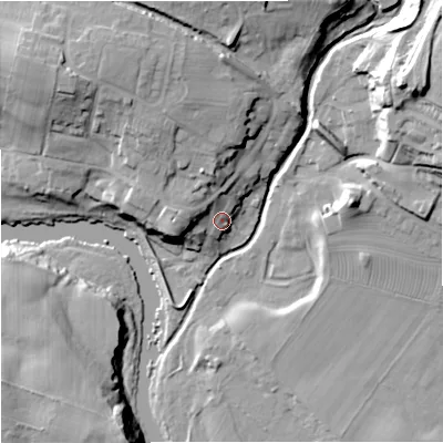 Shaded relief map of the ground around NE482AH, computed from Environment Agency LiDAR. The ground here sits at about 115 m above sea level and falls 32 m across the surrounding 800 m. Surface water reaching this point runs off ground lying to the north-north-west, 8.2 m higher.