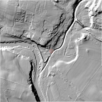 Shaded relief map of the ground around NE482AL, computed from Environment Agency LiDAR. The ground here sits at about 110 m above sea level and falls 32 m across the surrounding 800 m. Surface water reaching this point runs off ground lying to the north-east, 29.5 m higher.