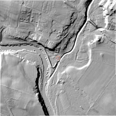 Shaded relief map of the ground around NE482AN, computed from Environment Agency LiDAR. The ground here sits at about 110 m above sea level and falls 32 m across the surrounding 800 m. Surface water reaching this point runs off ground lying to the north-east, 28.9 m higher.