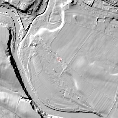 Shaded relief map of the ground around NE482AP, computed from Environment Agency LiDAR. The ground here sits at about 113 m above sea level and falls 25 m across the surrounding 800 m. Surface water reaching this point runs off ground lying to the east-north-east, 2.9 m higher.