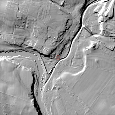 Shaded relief map of the ground around NE482AQ, computed from Environment Agency LiDAR. The ground here sits at about 112 m above sea level and falls 32 m across the surrounding 800 m. Surface water reaching this point runs off ground lying to the north-west, 11.9 m higher.