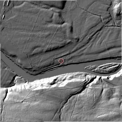 Shaded relief map of the ground around NE482AR, computed from Environment Agency LiDAR. The ground here sits at about 107 m above sea level and falls 37 m across the surrounding 800 m. Surface water reaching this point runs off ground lying to the west-north-west, 6.4 m higher.