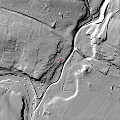 Shaded relief map of the ground around NE482AY, computed from Environment Agency LiDAR. The ground here sits at about 116 m above sea level and falls 38 m across the surrounding 800 m. Surface water reaching this point runs off ground lying to the west-north-west, 15.0 m higher.