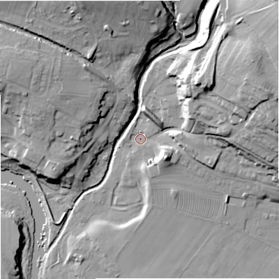 Shaded relief map of the ground around NE482BS, computed from Environment Agency LiDAR. The ground here sits at about 114 m above sea level and falls 47 m across the surrounding 800 m. Surface water reaching this point runs off ground lying to the north-east, 39.6 m higher.