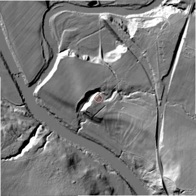 Shaded relief map of the ground around NE482ER, computed from Environment Agency LiDAR. The ground here sits at about 115 m above sea level and falls 45 m across the surrounding 800 m. Surface water reaching this point runs off ground lying to the east-south-east, 19.0 m higher.