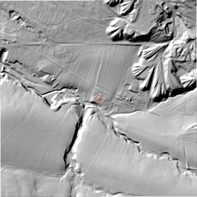 Shaded relief map of the ground around NE482EZ, computed from Environment Agency LiDAR. The ground here sits at about 174 m above sea level and falls 96 m across the surrounding 800 m. Surface water reaching this point runs off ground lying to the north-north-east, 24.9 m higher.