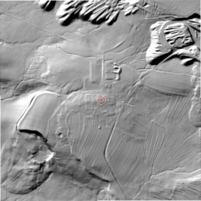 Shaded relief map of the ground around NE482HA, computed from Environment Agency LiDAR. The ground here sits at about 210 m above sea level and falls 123 m across the surrounding 800 m. Surface water reaching this point runs off ground lying to the east-north-east, 1.8 m higher.