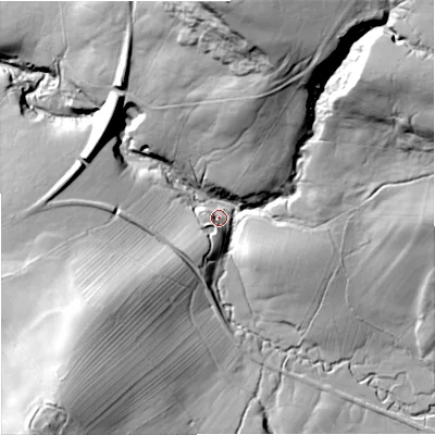 Shaded relief map of the ground around NE482HD, computed from Environment Agency LiDAR. The ground here sits at about 132 m above sea level and falls 72 m across the surrounding 800 m. Surface water reaching this point runs off ground lying to the east-north-east, 58.5 m higher.