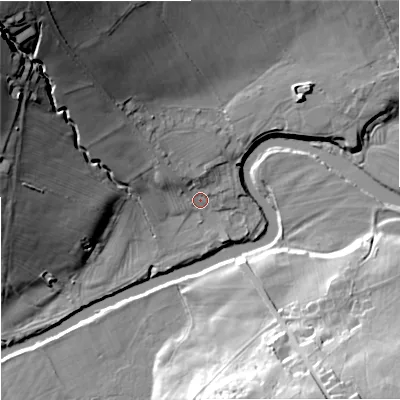 Shaded relief map of the ground around NE482RX, computed from Environment Agency LiDAR. The ground here sits at about 123 m above sea level and falls 51 m across the surrounding 800 m. Surface water reaching this point runs off ground lying to the north-west, 8.3 m higher.