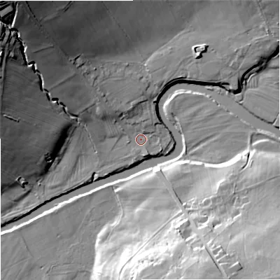 Shaded relief map of the ground around NE482RY, computed from Environment Agency LiDAR. The ground here sits at about 122 m above sea level and falls 46 m across the surrounding 800 m. Surface water reaching this point runs off ground lying to the north-west, 37.7 m higher.