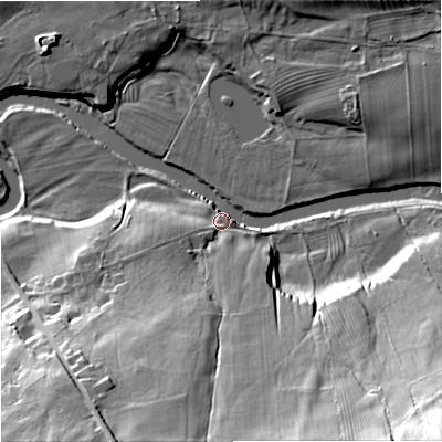 Shaded relief map of the ground around NE482SG, computed from Environment Agency LiDAR. The ground here sits at about 128 m above sea level and falls 46 m across the surrounding 800 m. Surface water reaching this point runs off ground lying to the south-east, 42.5 m higher.