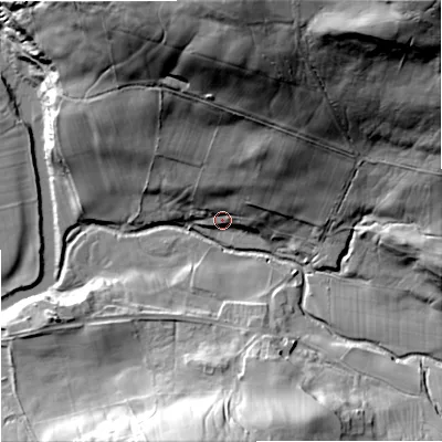 Shaded relief map of the ground around NE482SJ, computed from Environment Agency LiDAR. The ground here sits at about 136 m above sea level and falls 88 m across the surrounding 800 m. Surface water reaching this point runs off ground lying to the north, 59.8 m higher.