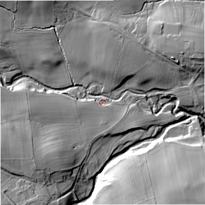 Shaded relief map of the ground around NE483BX, computed from Environment Agency LiDAR. The ground here sits at about 99 m above sea level and falls 43 m across the surrounding 800 m. Surface water reaching this point runs off ground lying to the west-south-west, 28.3 m higher.