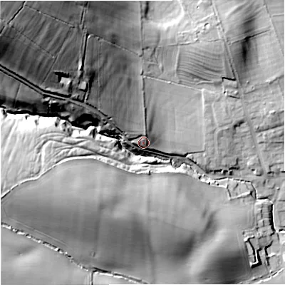 Shaded relief map of the ground around NE483DG, computed from Environment Agency LiDAR. The ground here sits at about 103 m above sea level and falls 64 m across the surrounding 800 m. Surface water reaching this point runs off ground lying to the north-west, 10.3 m higher.