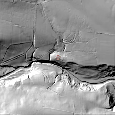 Shaded relief map of the ground around NE483DQ, computed from Environment Agency LiDAR. The ground here sits at about 122 m above sea level and falls 77 m across the surrounding 800 m. Surface water reaching this point runs off ground lying to the west-north-west, 4.4 m higher.