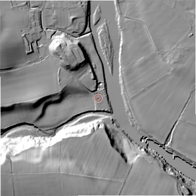 Shaded relief map of the ground around NE483DU, computed from Environment Agency LiDAR. The ground here sits at about 83 m above sea level and falls 56 m across the surrounding 800 m. Surface water reaching this point runs off ground lying to the north-west, 16.2 m higher.
