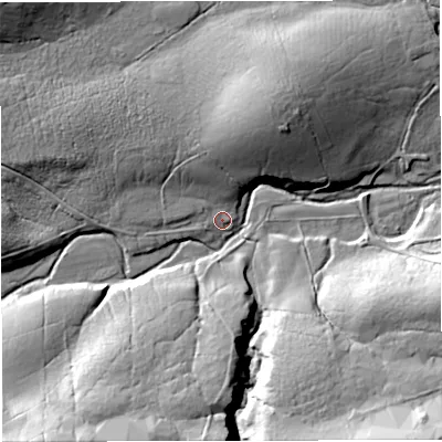 Shaded relief map of the ground around NE483ED, computed from Environment Agency LiDAR. The ground here sits at about 209 m above sea level and falls 37 m across the surrounding 800 m. Surface water reaching this point runs off ground lying to the north-north-east, 17.9 m higher.