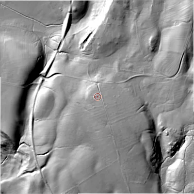 Shaded relief map of the ground around NE483HG, computed from Environment Agency LiDAR. The ground here sits at about 144 m above sea level and falls 81 m across the surrounding 800 m. Surface water reaching this point runs off ground lying to the south-east, 3.8 m higher.