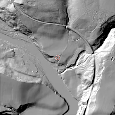Shaded relief map of the ground around NE483HR, computed from Environment Agency LiDAR. The ground here sits at about 108 m above sea level and falls 63 m across the surrounding 800 m. Surface water reaching this point runs off ground lying to the north, 50.7 m higher.