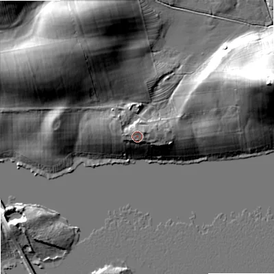 Shaded relief map of the ground around NE483JD, computed from Environment Agency LiDAR. The ground here sits at about 209 m above sea level and falls 27 m across the surrounding 800 m. Surface water reaching this point runs off ground lying to the east-north-east, 2.8 m higher.