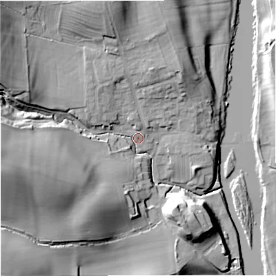 Shaded relief map of the ground around NE483LA, computed from Environment Agency LiDAR. The ground here sits at about 89 m above sea level and falls 40 m across the surrounding 800 m. Surface water reaching this point runs off ground lying to the west-south-west, 32.0 m higher.