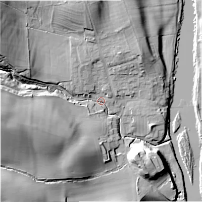 Shaded relief map of the ground around NE483LB, computed from Environment Agency LiDAR. The ground here sits at about 89 m above sea level and falls 42 m across the surrounding 800 m. Surface water reaching this point runs off ground lying to the west, 33.4 m higher.