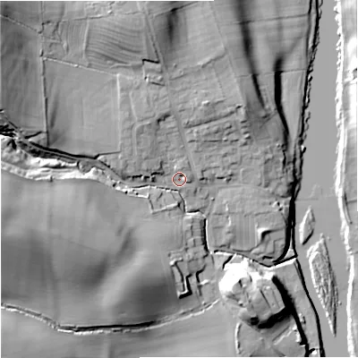 Shaded relief map of the ground around NE483LD, computed from Environment Agency LiDAR. The ground here sits at about 89 m above sea level and falls 41 m across the surrounding 800 m. Surface water reaching this point runs off ground lying to the north-north-west, 5.4 m higher.