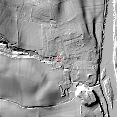 Shaded relief map of the ground around NE483LE, computed from Environment Agency LiDAR. The ground here sits at about 89 m above sea level and falls 43 m across the surrounding 800 m. Surface water reaching this point runs off ground lying to the west-south-west, 33.3 m higher.
