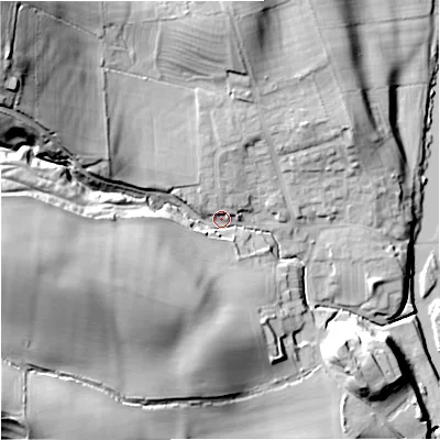 Shaded relief map of the ground around NE483LF, computed from Environment Agency LiDAR. The ground here sits at about 91 m above sea level and falls 45 m across the surrounding 800 m. Surface water reaching this point runs off ground lying to the north-west, 33.3 m higher.