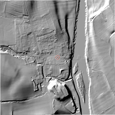 Shaded relief map of the ground around NE483LG, computed from Environment Agency LiDAR. The ground here sits at about 89 m above sea level and falls 33 m across the surrounding 800 m. Surface water reaching this point runs off ground lying to the north, 3.0 m higher.