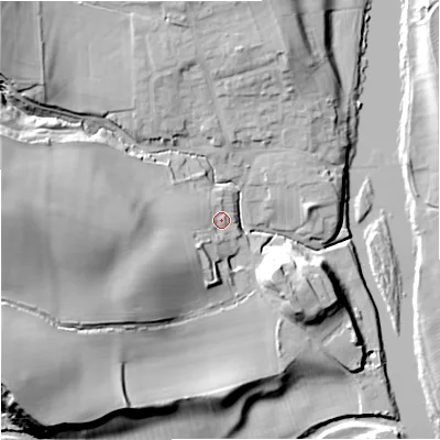 Shaded relief map of the ground around NE483LQ, computed from Environment Agency LiDAR. The ground here sits at about 90 m above sea level and falls 41 m across the surrounding 800 m. Surface water reaching this point runs off ground lying to the west-south-west, 13.6 m higher.