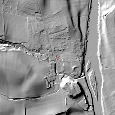 Shaded relief map of the ground around NE483LR, computed from Environment Agency LiDAR. The ground here sits at about 88 m above sea level and falls 37 m across the surrounding 800 m. Surface water reaching this point runs off ground lying to the north-north-west, 16.2 m higher.