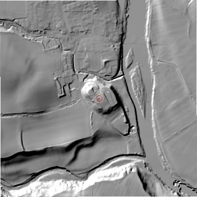 Shaded relief map of the ground around NE483LS, computed from Environment Agency LiDAR. The ground here sits at about 98 m above sea level and falls 41 m across the surrounding 800 m. Surface water reaching this point runs off ground lying to the west-north-west, 2.1 m higher.
