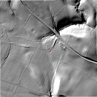 Shaded relief map of the ground around NE483NP, computed from Environment Agency LiDAR. The ground here sits at about 97 m above sea level and falls 53 m across the surrounding 800 m. Surface water reaching this point runs off ground lying to the north-east, 7.1 m higher.