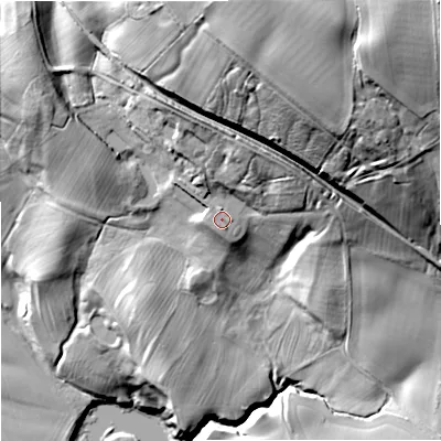 Shaded relief map of the ground around NE483NT, computed from Environment Agency LiDAR. The ground here sits at about 113 m above sea level and falls 85 m across the surrounding 800 m. Surface water reaching this point runs off ground lying to the north-north-east, 13.9 m higher.