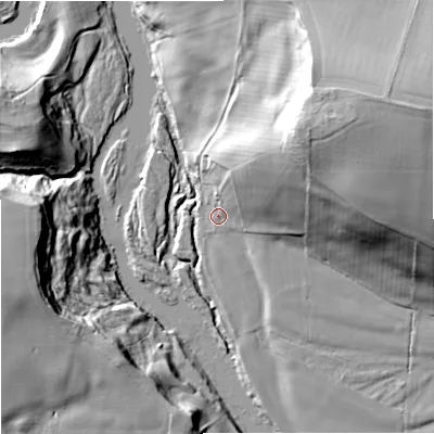 Shaded relief map of the ground around NE483PE, computed from Environment Agency LiDAR. The ground here sits at about 76 m above sea level and falls 44 m across the surrounding 800 m. Surface water reaching this point runs off ground lying to the north-east, 35.4 m higher.