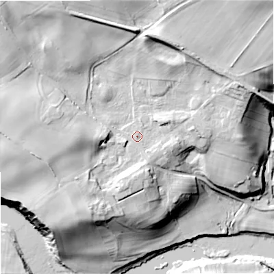 Shaded relief map of the ground around NE484AA, computed from Environment Agency LiDAR. The ground here sits at about 83 m above sea level and falls 36 m across the surrounding 800 m. Surface water reaching this point runs off ground lying to the east-north-east, 3.6 m higher.