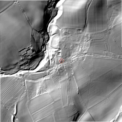 Shaded relief map of the ground around NE484AU, computed from Environment Agency LiDAR. The ground here sits at about 119 m above sea level and falls 54 m across the surrounding 800 m. Surface water reaching this point runs off ground lying to the east, 13.5 m higher.