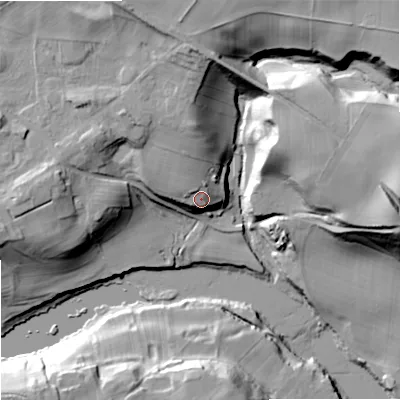 Shaded relief map of the ground around NE484BX, computed from Environment Agency LiDAR. The ground here sits at about 76 m above sea level and falls 37 m across the surrounding 800 m. Surface water reaching this point runs off ground lying to the north-west, 5.3 m higher.