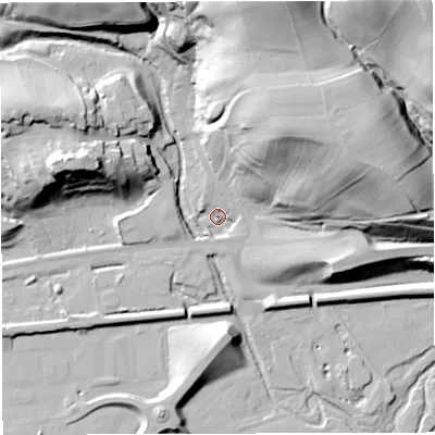 Shaded relief map of the ground around NE490EP, computed from Environment Agency LiDAR. The ground here sits at about 109 m above sea level and falls 65 m across the surrounding 800 m. Surface water reaching this point runs off ground lying to the north-north-east, 54.1 m higher.