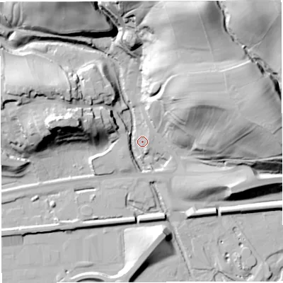 Shaded relief map of the ground around NE490ER, computed from Environment Agency LiDAR. The ground here sits at about 111 m above sea level and falls 64 m across the surrounding 800 m. Surface water reaching this point runs off ground lying to the north-north-east, 55.2 m higher.
