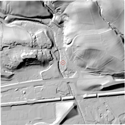 Shaded relief map of the ground around NE490ES, computed from Environment Agency LiDAR. The ground here sits at about 111 m above sea level and falls 64 m across the surrounding 800 m. Surface water reaching this point runs off ground lying to the north-north-east, 55.2 m higher.