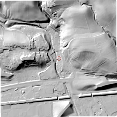 Shaded relief map of the ground around NE490ET, computed from Environment Agency LiDAR. The ground here sits at about 111 m above sea level and falls 63 m across the surrounding 800 m. Surface water reaching this point runs off ground lying to the north-north-east, 55.2 m higher.