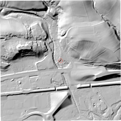 Shaded relief map of the ground around NE490EW, computed from Environment Agency LiDAR. The ground here sits at about 111 m above sea level and falls 64 m across the surrounding 800 m. Surface water reaching this point runs off ground lying to the north-north-east, 55.2 m higher.