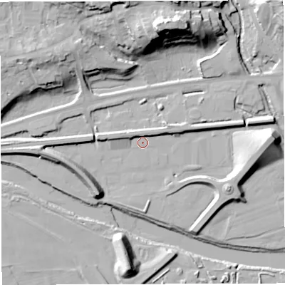 Shaded relief map of the ground around NE490EX, computed from Environment Agency LiDAR. The ground here sits at about 109 m above sea level and falls 35 m across the surrounding 800 m. The ground contributing surface water to this point lies to the south.